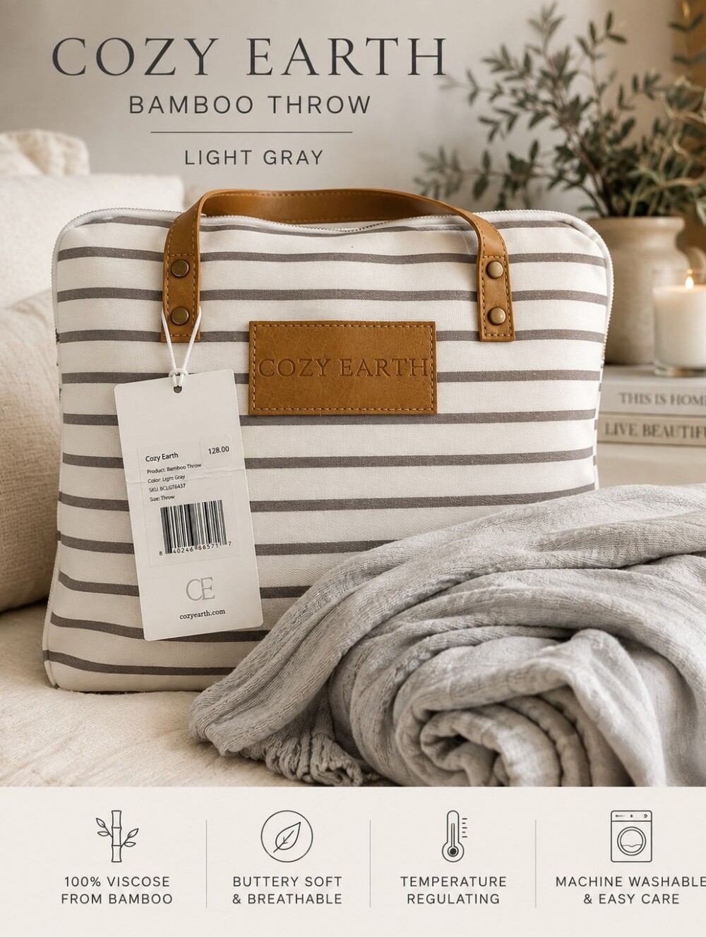Cozy Earth Bamboo Throw Blanket Light Gray 100% Bamboo w/ Storage Bag